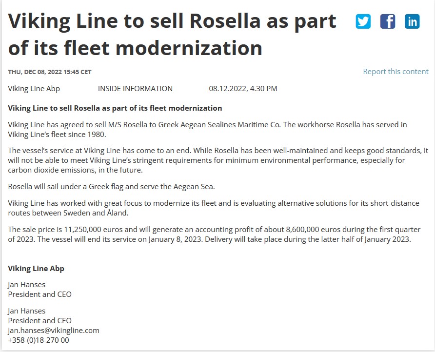 Viking Line Επιβεβαίωσε επίσημα την πώληση του Rosella στην Aegean Sea Lines 4 2, Αρχιπέλαγος, Η 1η ναυτιλιακή πύλη ενημέρωσης στην Ελλάδα